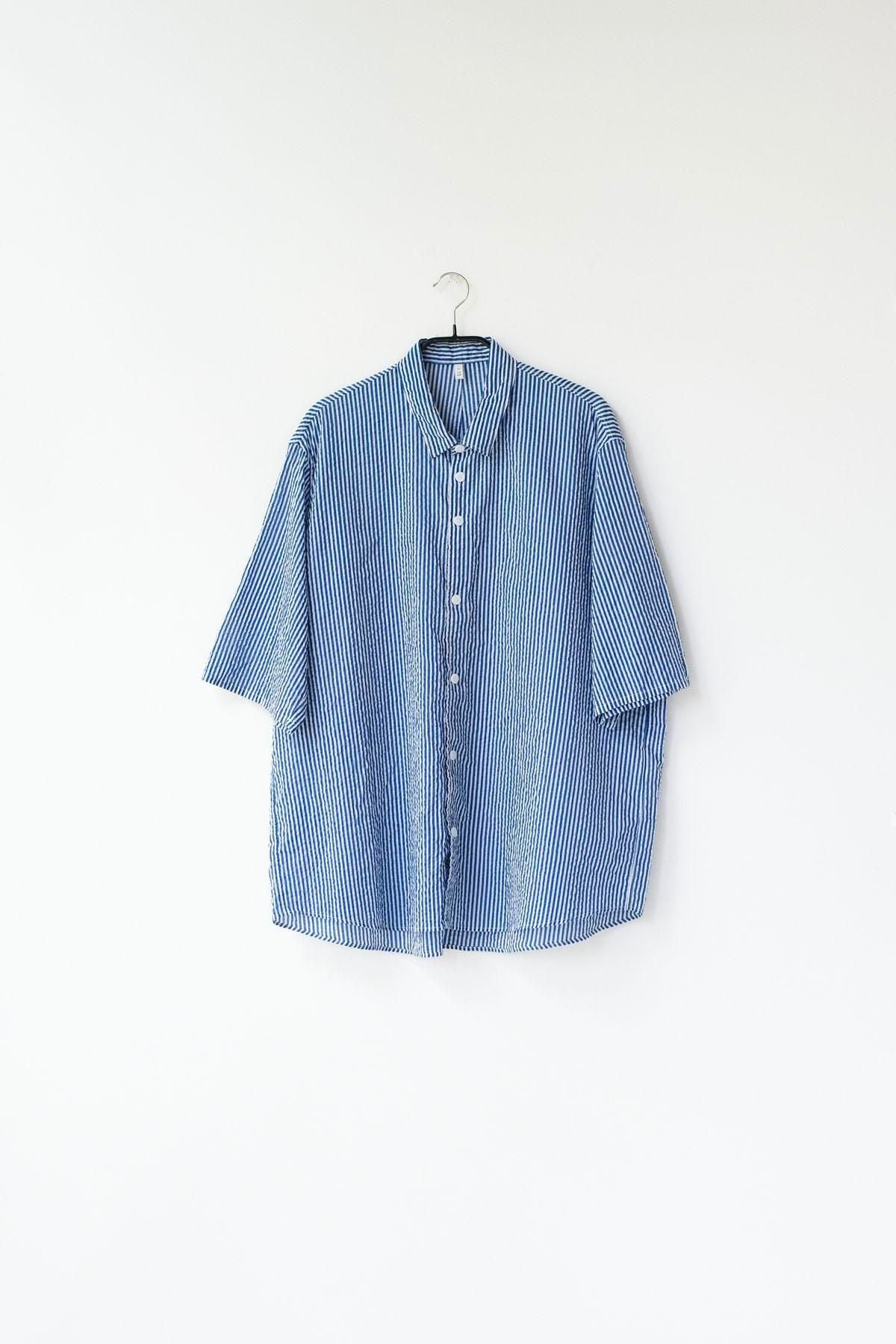 スターチコットン・ストライプローン　台襟付きシャツカラー / Blue × Off White［size XS］