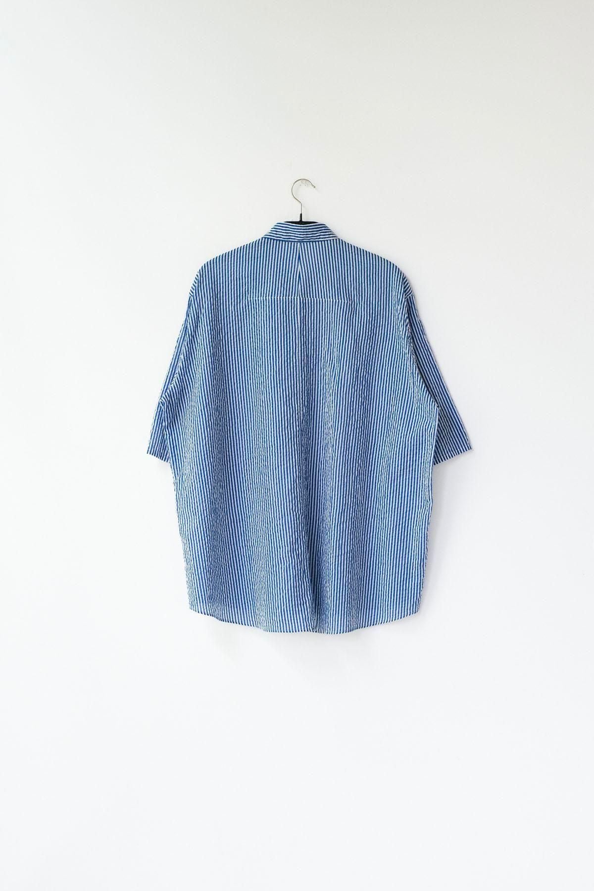 スターチコットン・ストライプローン　台襟付きシャツカラー / Blue × Off White［size XS］