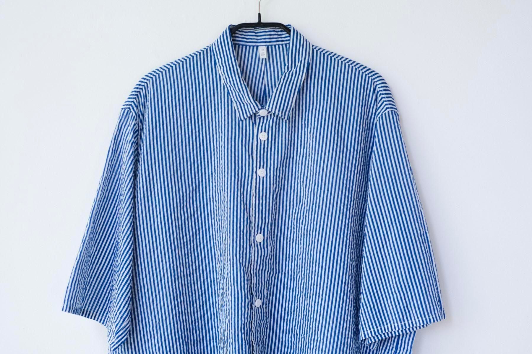 スターチコットン・ストライプローン　台襟付きシャツカラー / Blue × Off White［size XS］