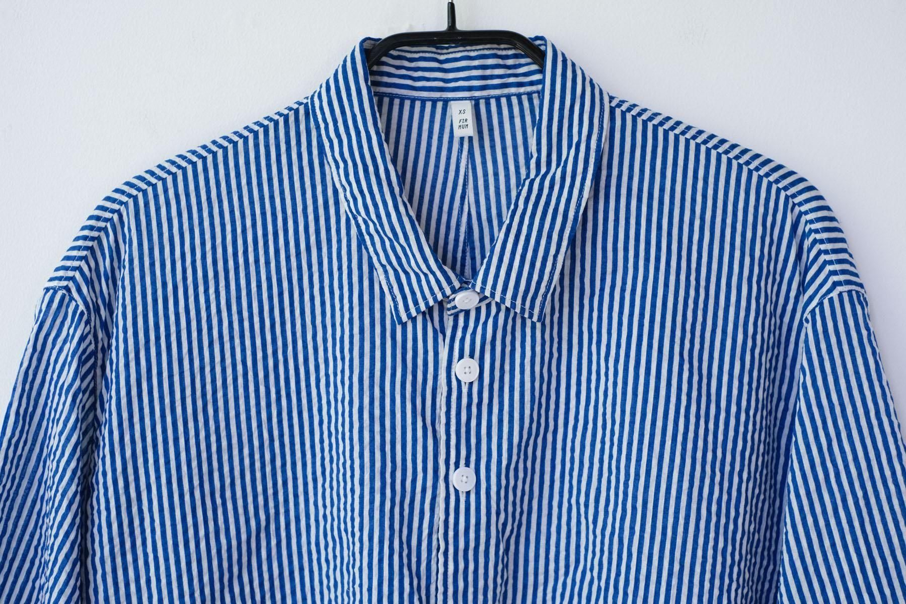 スターチコットン・ストライプローン　台襟付きシャツカラー / Blue × Off White［size XS］