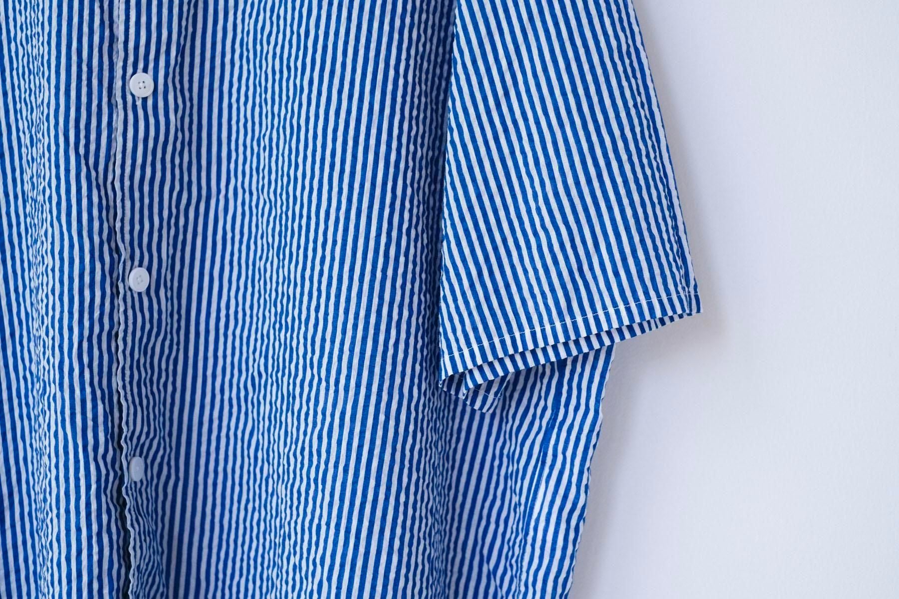 スターチコットン・ストライプローン　台襟付きシャツカラー / Blue × Off White［size XS］