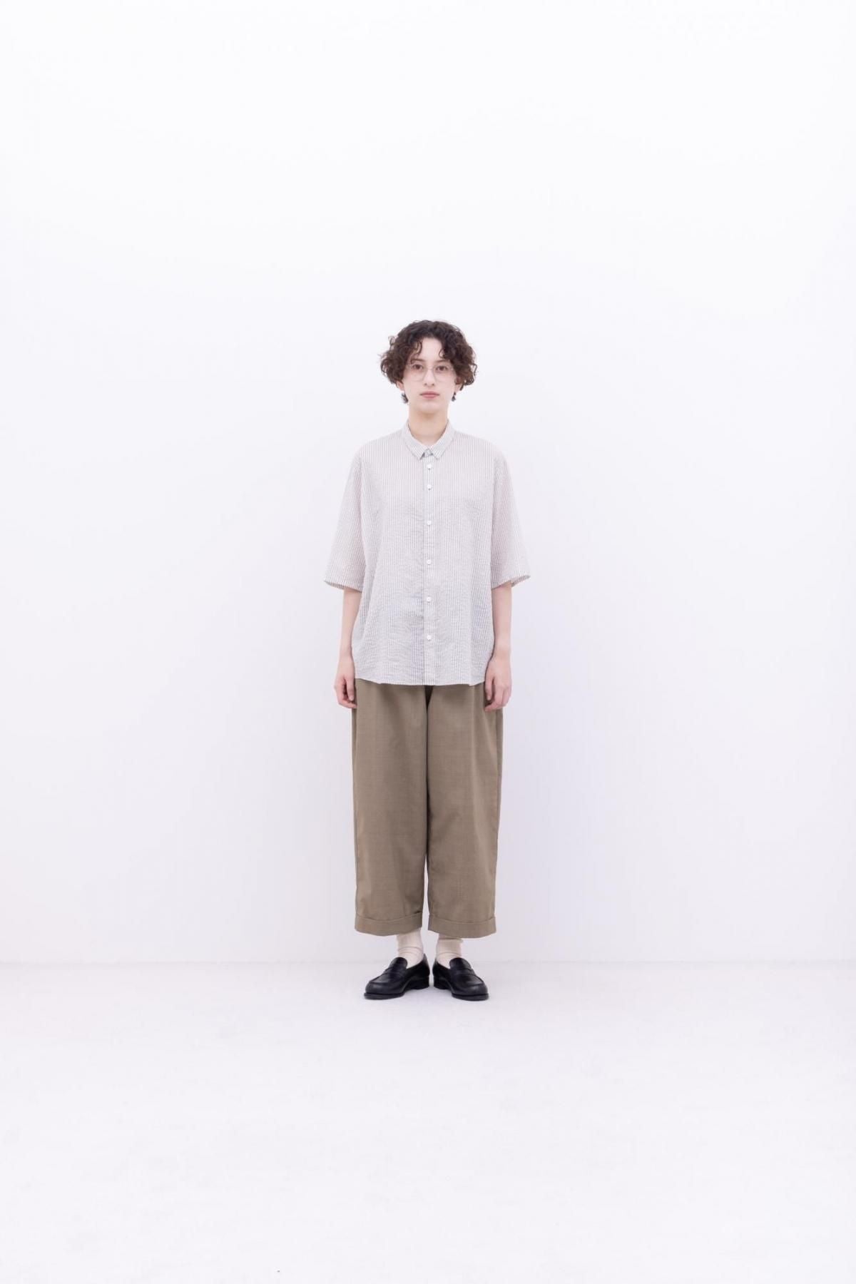 スターチコットン・ストライプローン　台襟付きシャツカラー / Blue × Off White［size XS］