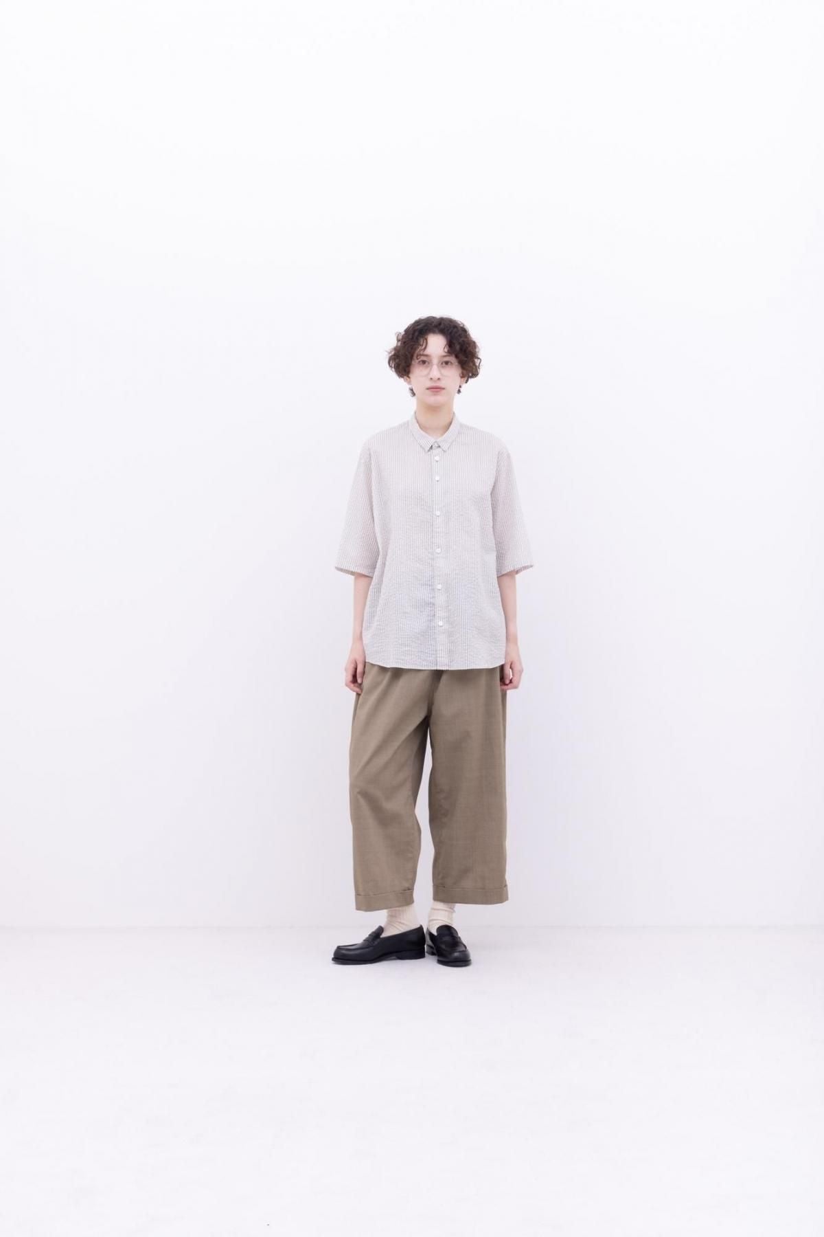 スターチコットン・ストライプローン　台襟付きシャツカラー / Blue × Off White［size XS］