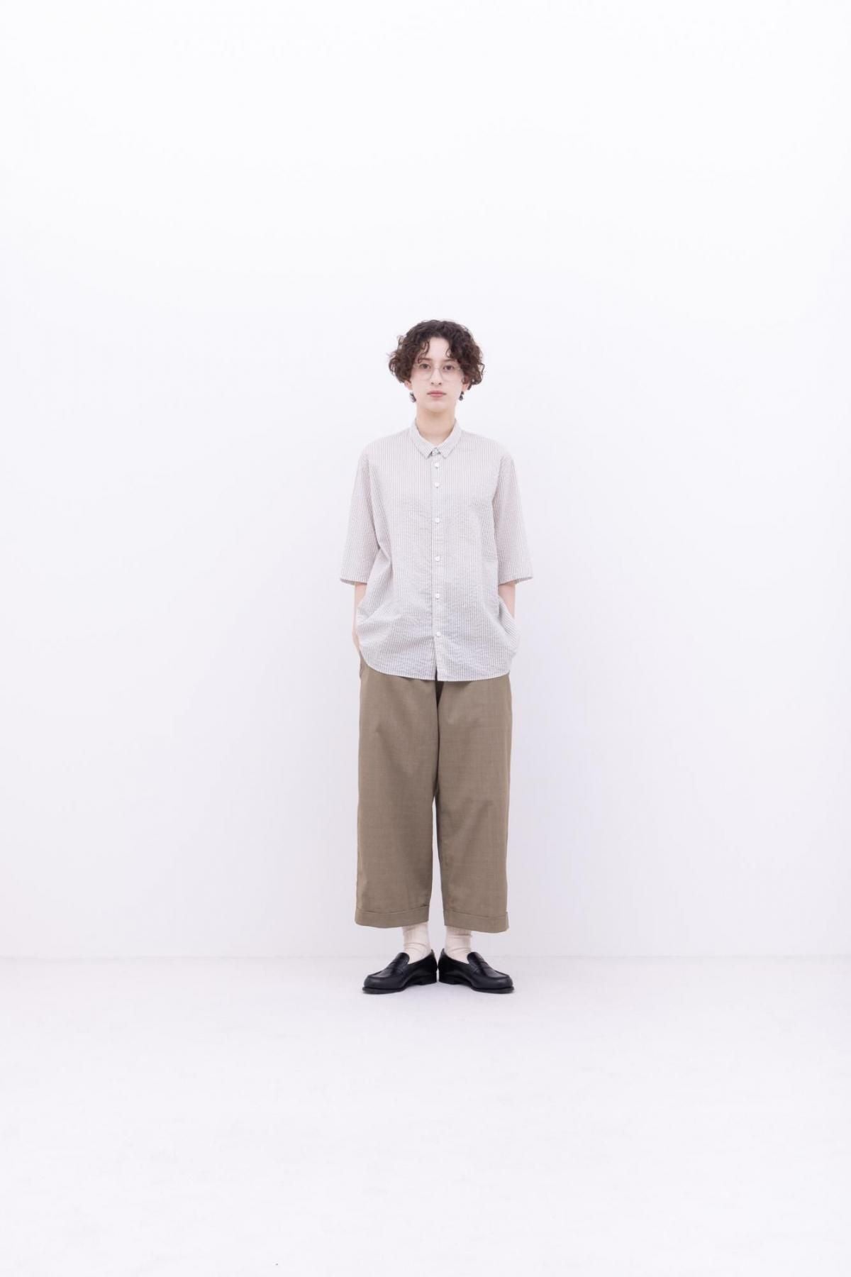 スターチコットン・ストライプローン　台襟付きシャツカラー / Blue × Off White［size XS］