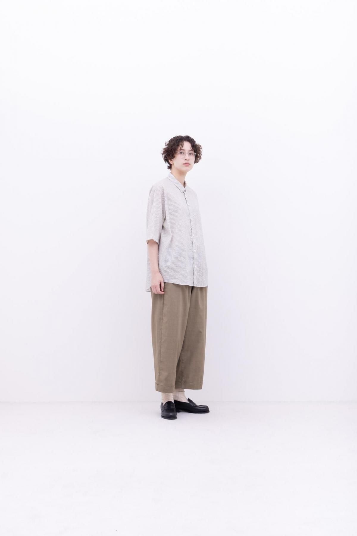 スターチコットン・ストライプローン　台襟付きシャツカラー / Blue × Off White［size XS］