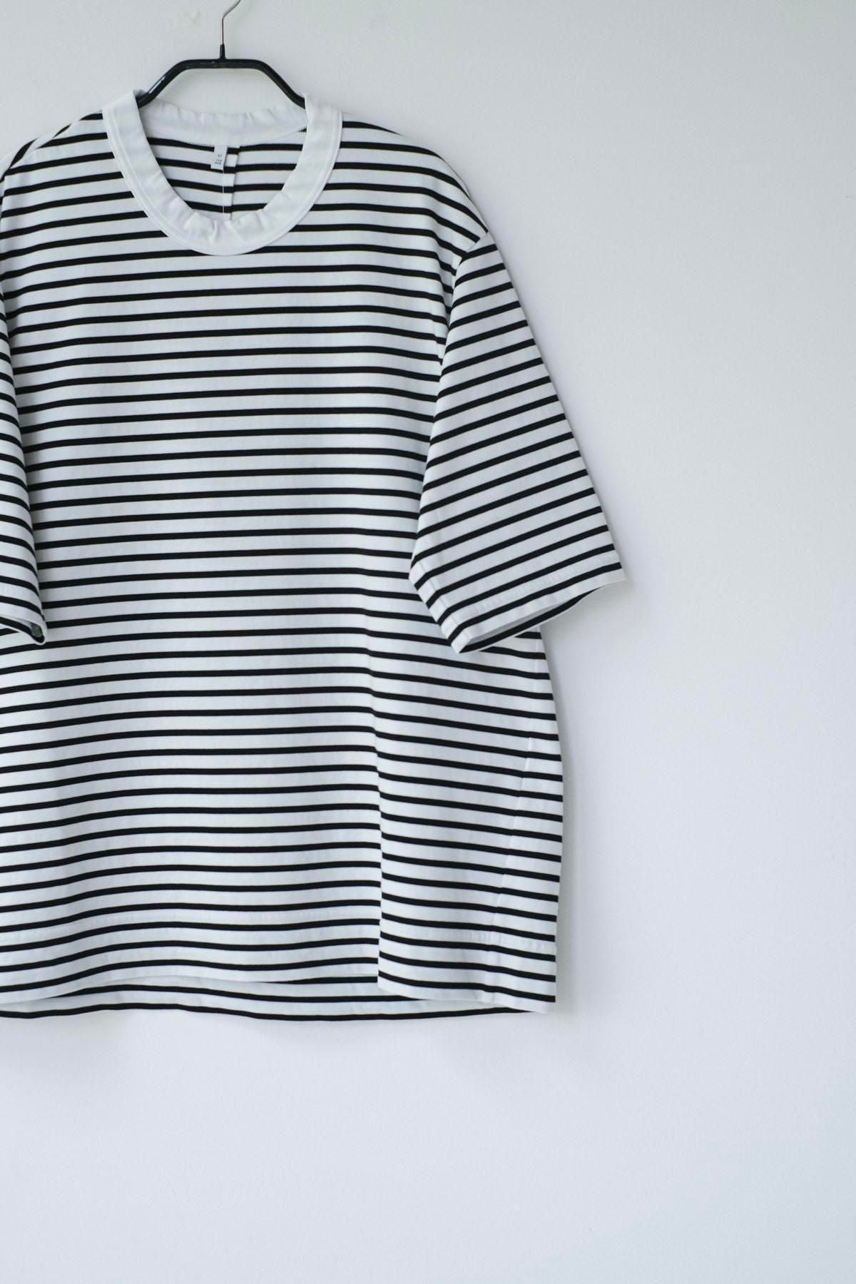 微強撚綿天竺　ボーダークルーネックT / WH base × BK bd［size XS］