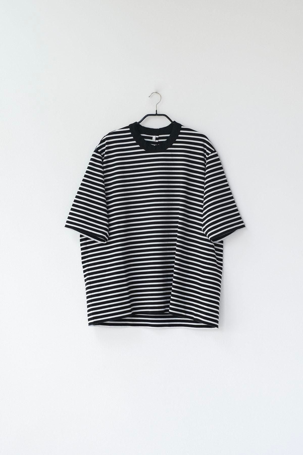 微強撚綿天竺　ボーダークルーネックT / BK base × WH bd［size XS］