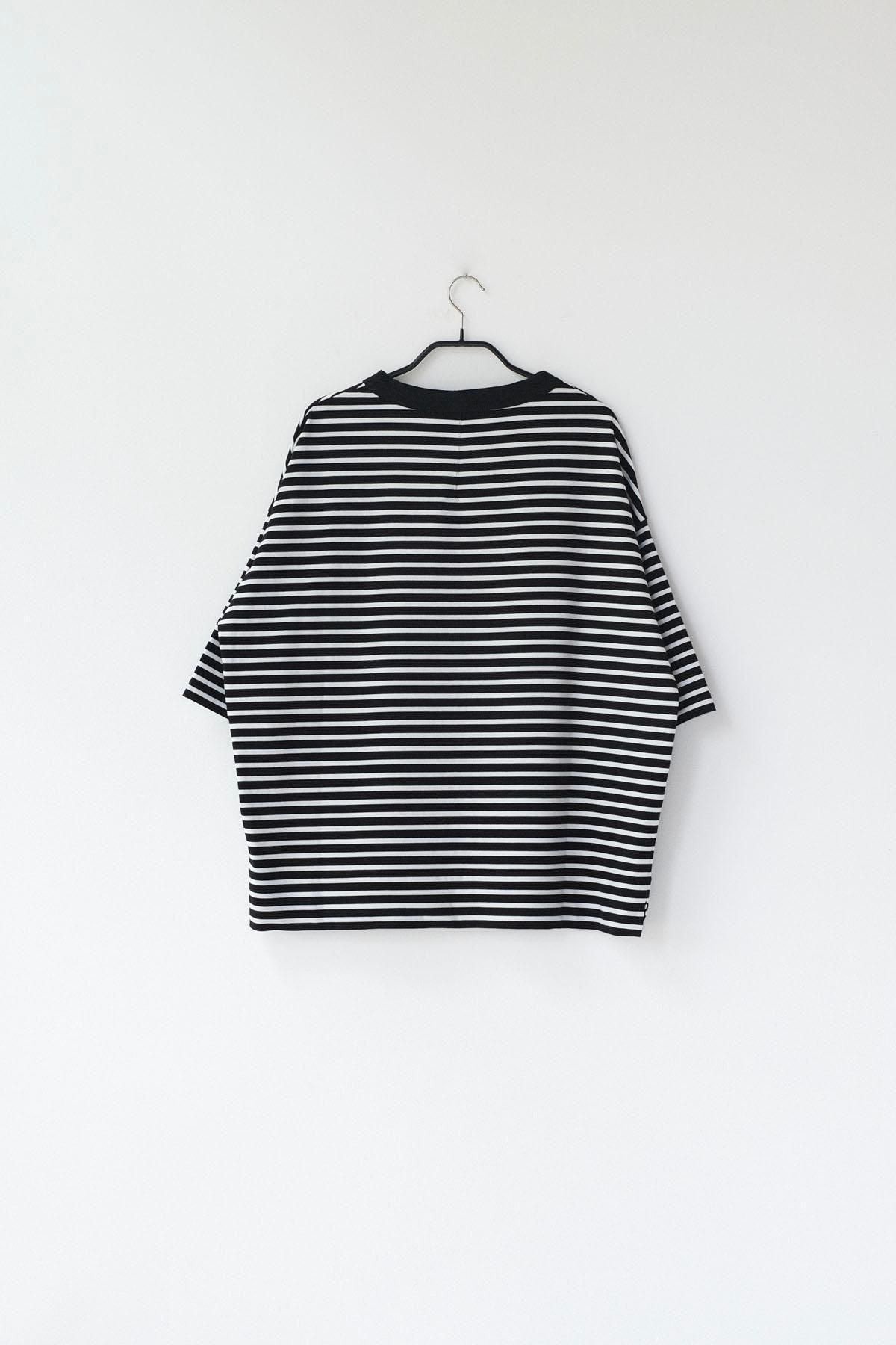 微強撚綿天竺　ボーダーオーバーサイズT / BK base × WH bd［size XS］