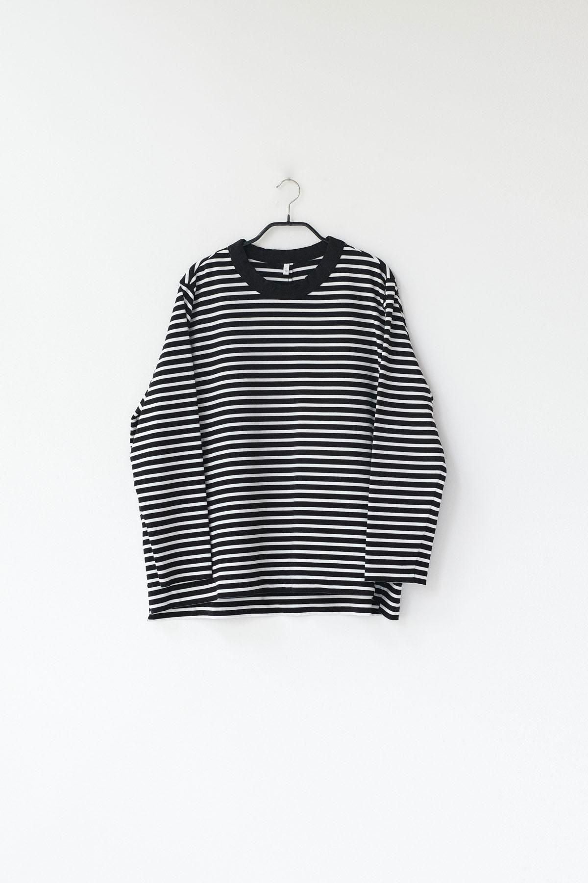 微強撚綿天竺　ボーダークルーネックロンT / BK base × WH bd［size XS］