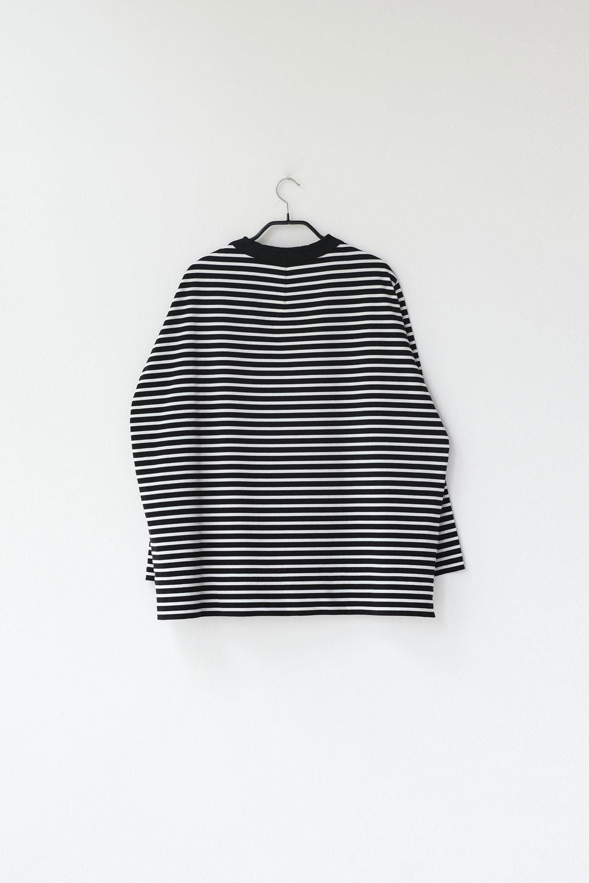 微強撚綿天竺　ボーダークルーネックロンT / BK base × WH bd［size XS］
