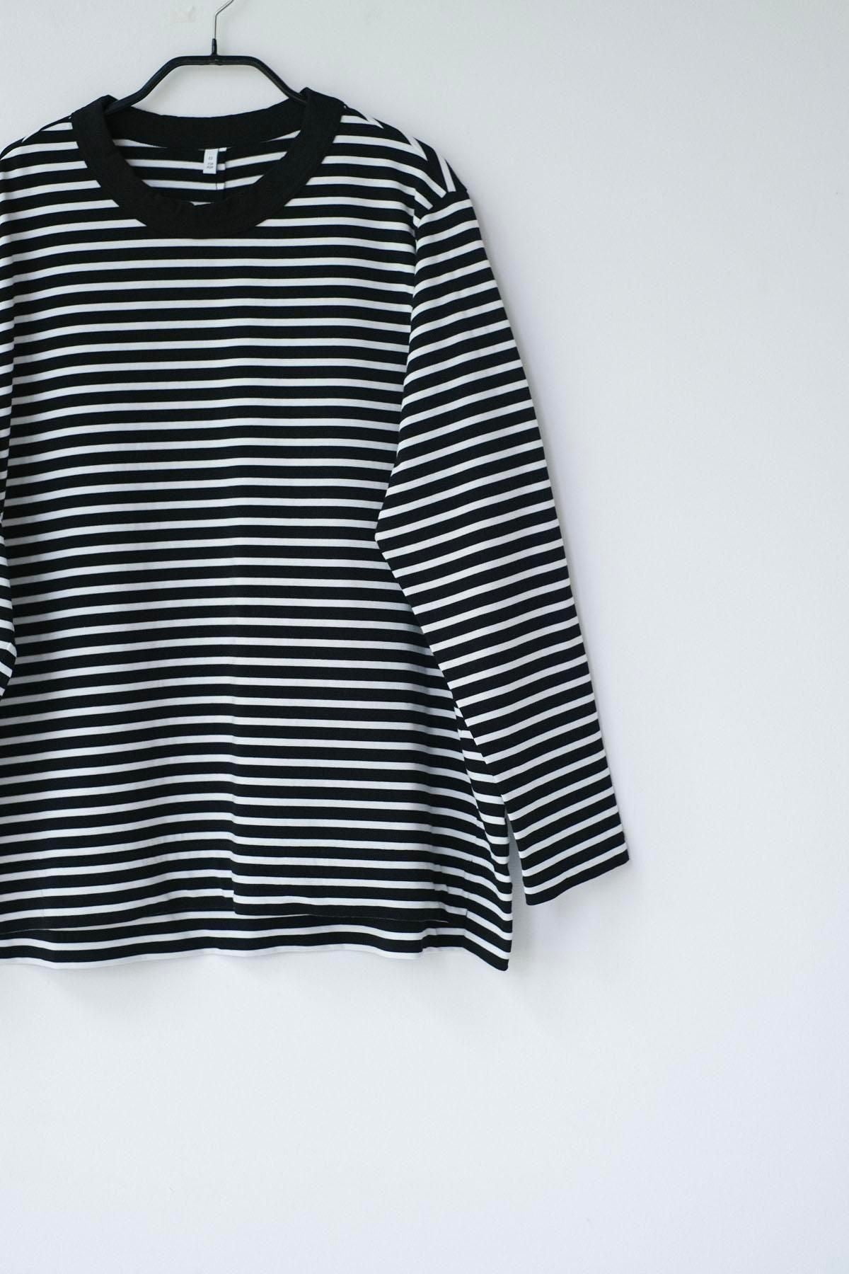微強撚綿天竺　ボーダークルーネックロンT / BK base × WH bd［size XS］