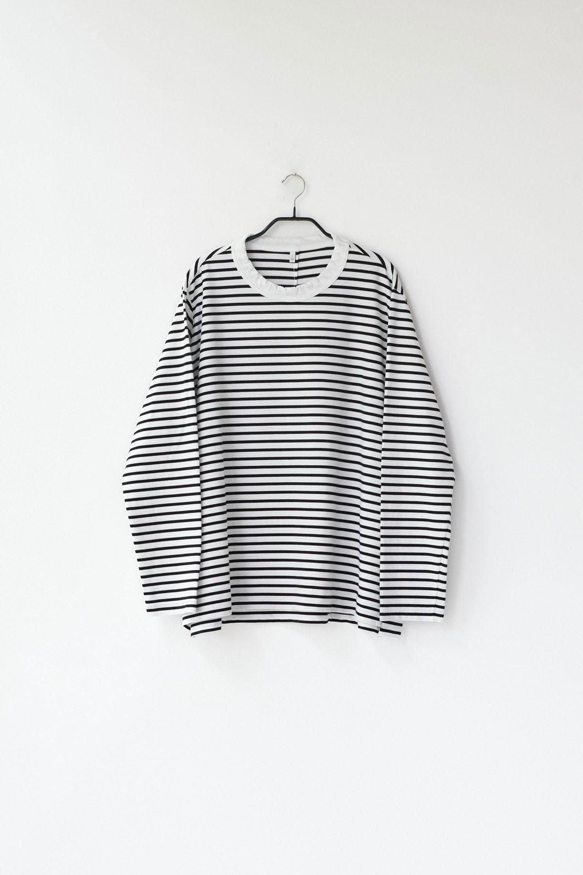 微強撚綿天竺　ボーダークルーネックロンT / WH base × BK bd［size S］