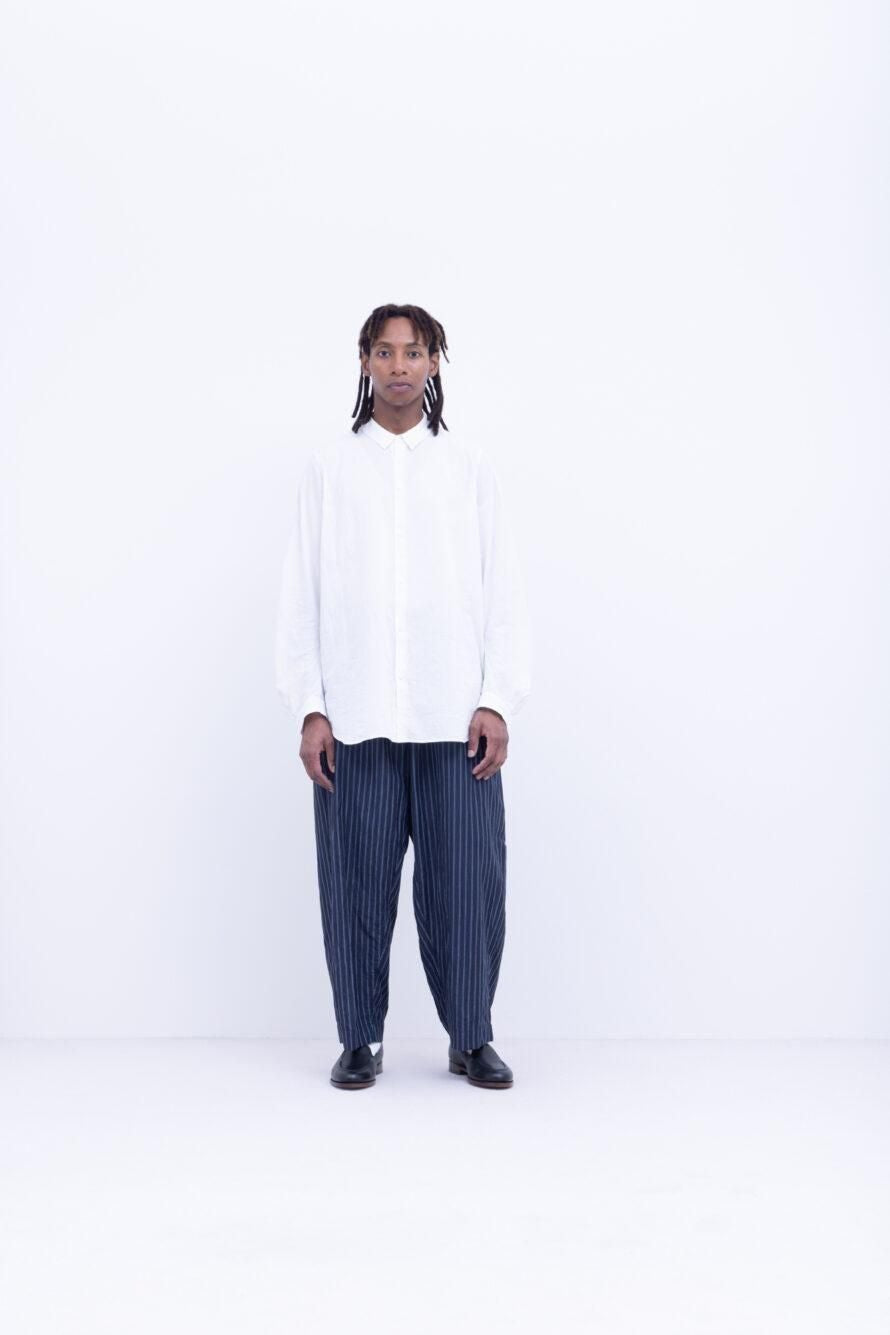 リネン＆コットン・高番手ドビー　ワイドストレートパンツ / Navy × Blue × White［size M］