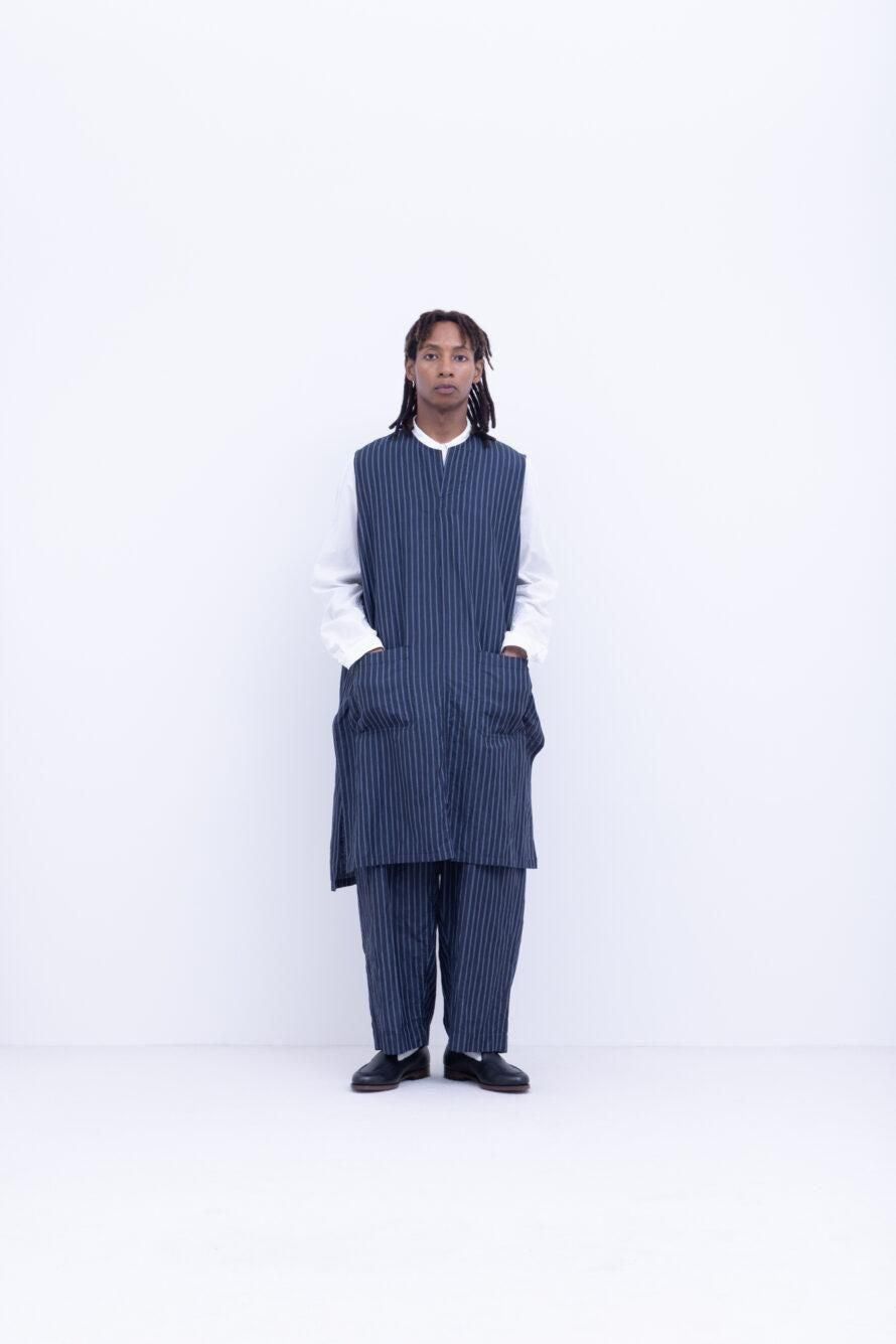 リネン＆コットン・高番手ドビー　ワイドストレートパンツ / Navy × Blue × White［size M］