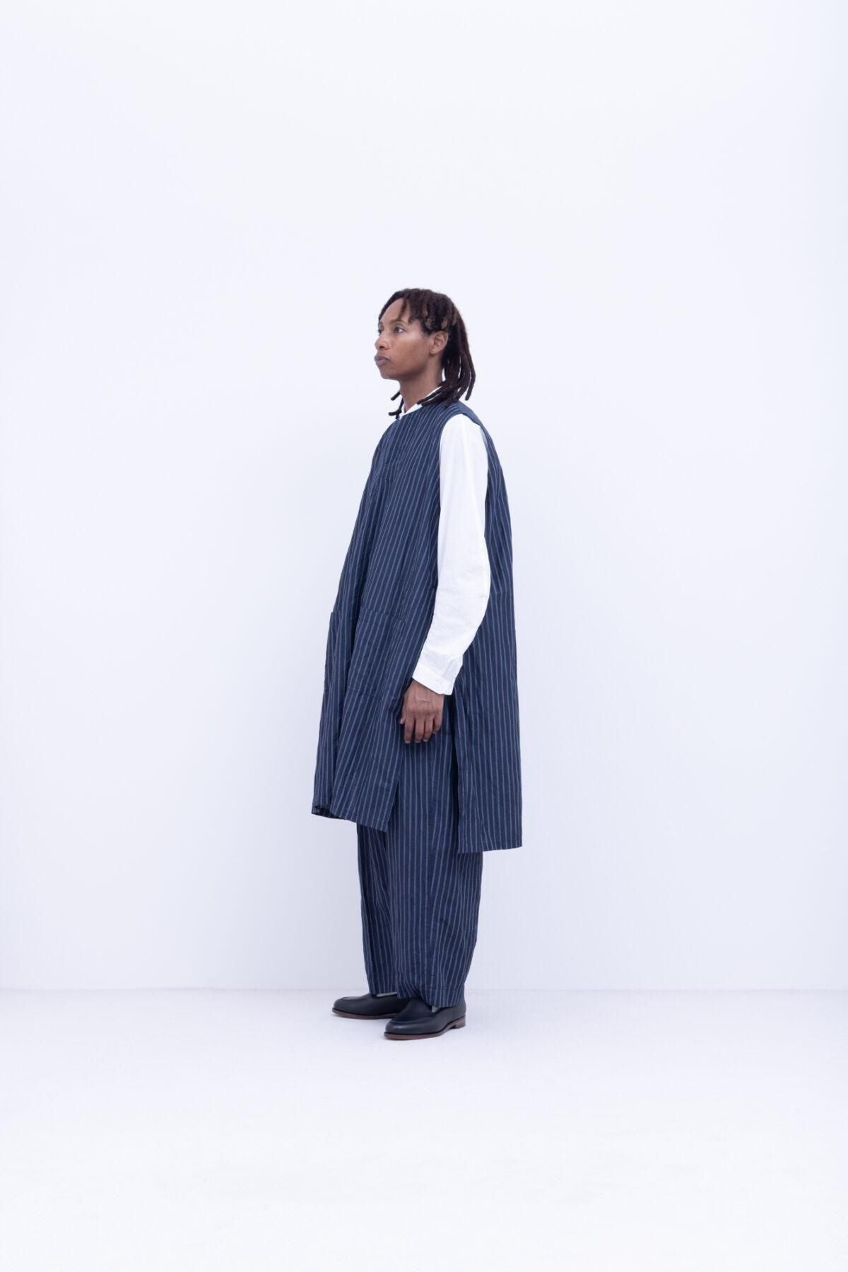 リネン＆コットン・高番手ドビー　エプロンベスト / Navy × Blue × White［size M］