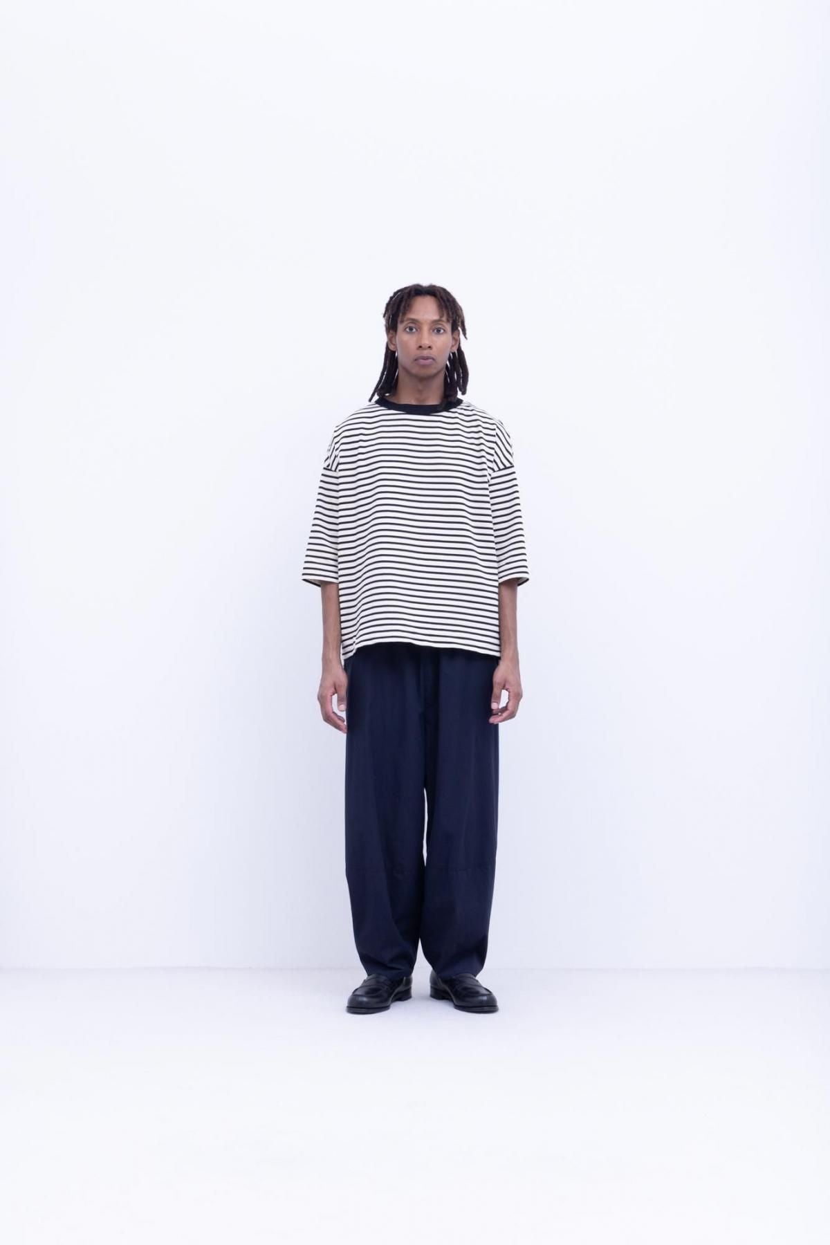 微強撚綿天竺　ボーダークルーネックT / Natural base × Black border［size XS］