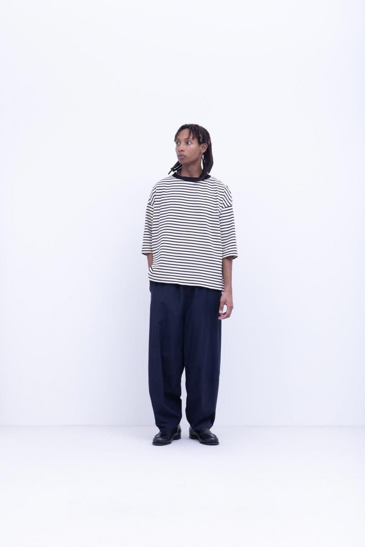 微強撚綿天竺　ボーダークルーネックT / Natural base × Black border［size XS］