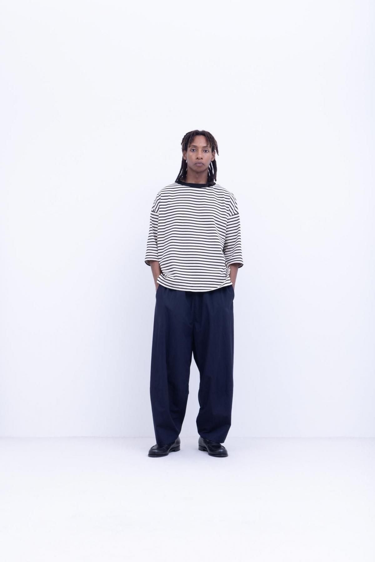 微強撚綿天竺　ボーダークルーネックT / Natural base × Black border［size XS］