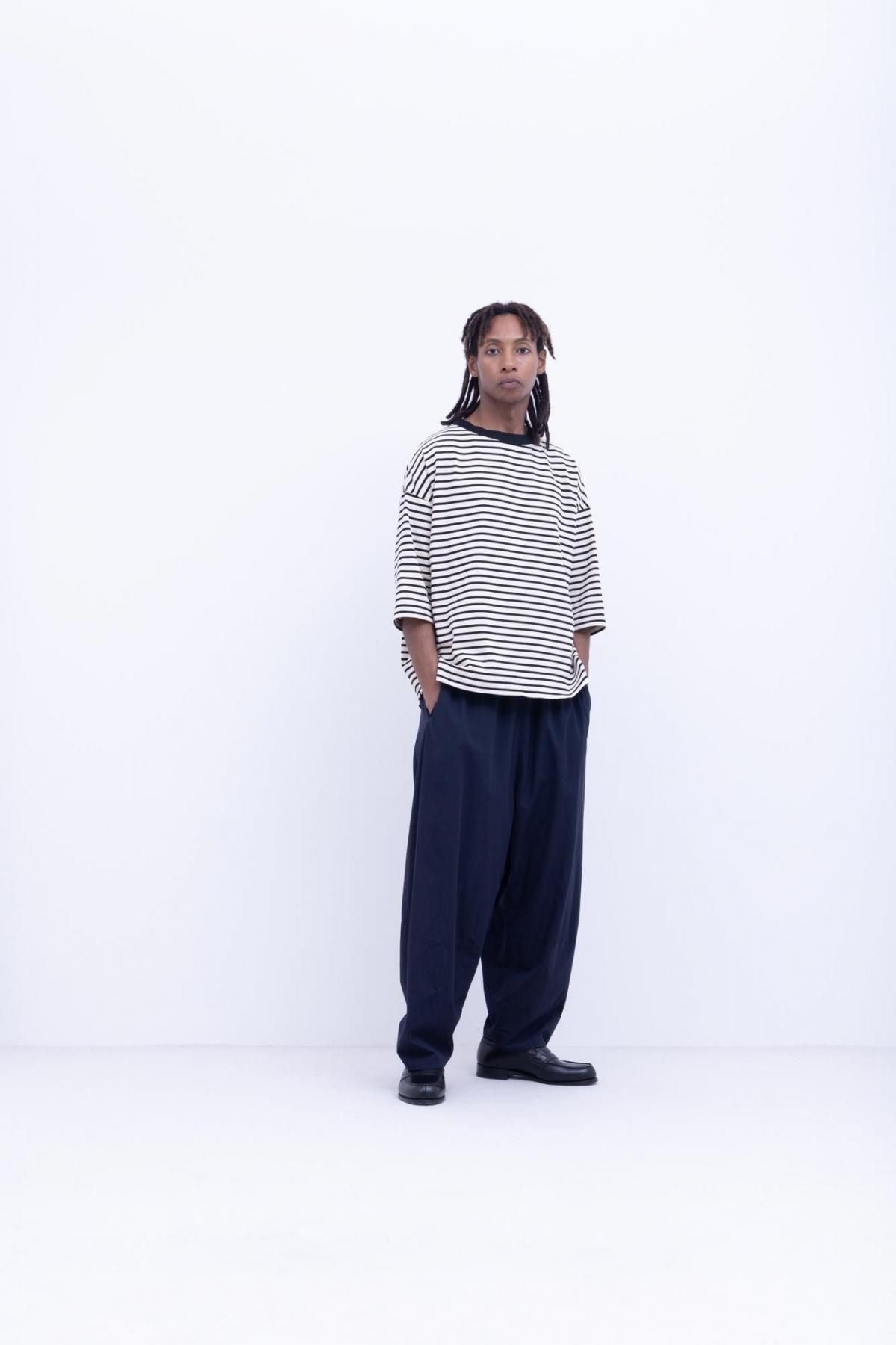 微強撚綿天竺　ボーダークルーネックT / Natural base × Black border［size XS］