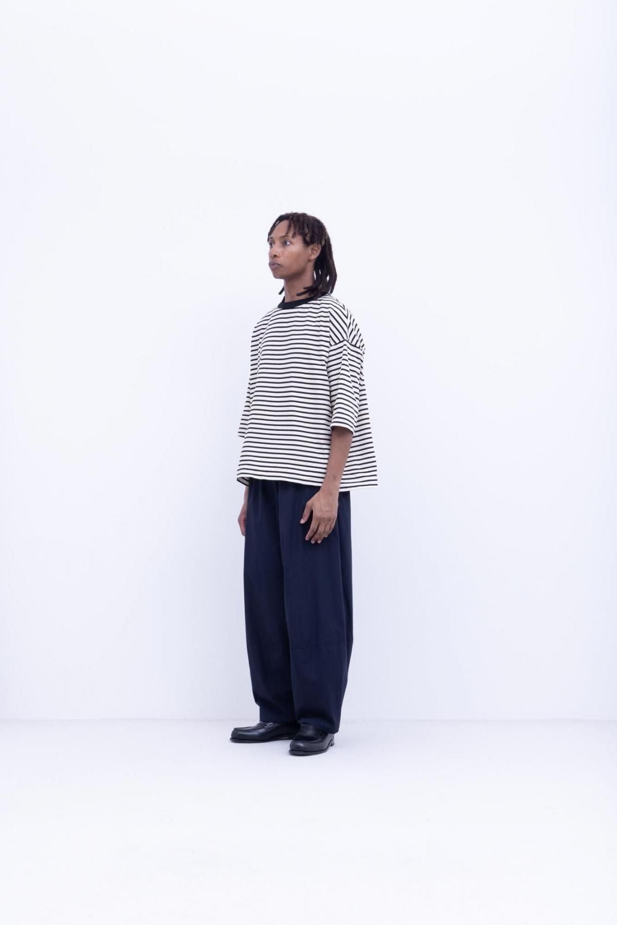 微強撚綿天竺　ボーダークルーネックT / Natural base × Black border［size XS］