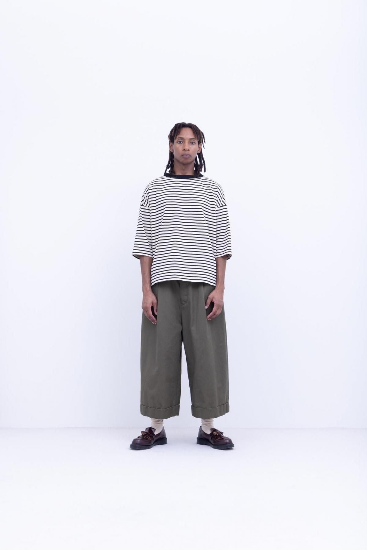 微強撚綿天竺　ボーダークルーネックT / Natural base × Black border［size M］