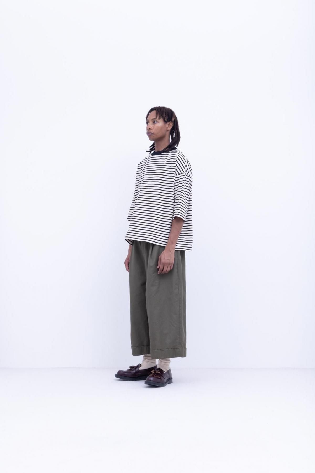 微強撚綿天竺　ボーダークルーネックT / Natural base × Black border［size M］