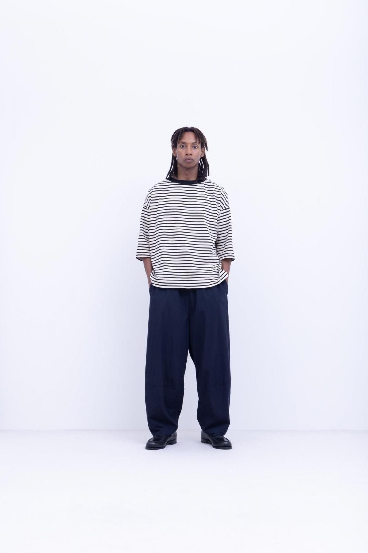 微強撚綿天竺　ボーダークルーネックT / Natural base × Black border［size M］