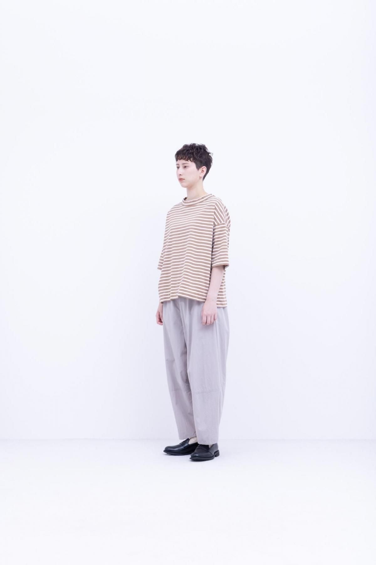 微強撚綿天竺　ボーダークルーネックT / Camel base × White border［size XS］