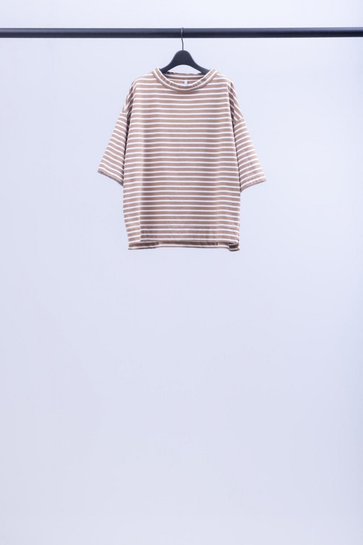 微強撚綿天竺　ボーダークルーネックT / Camel base × White border［size M］