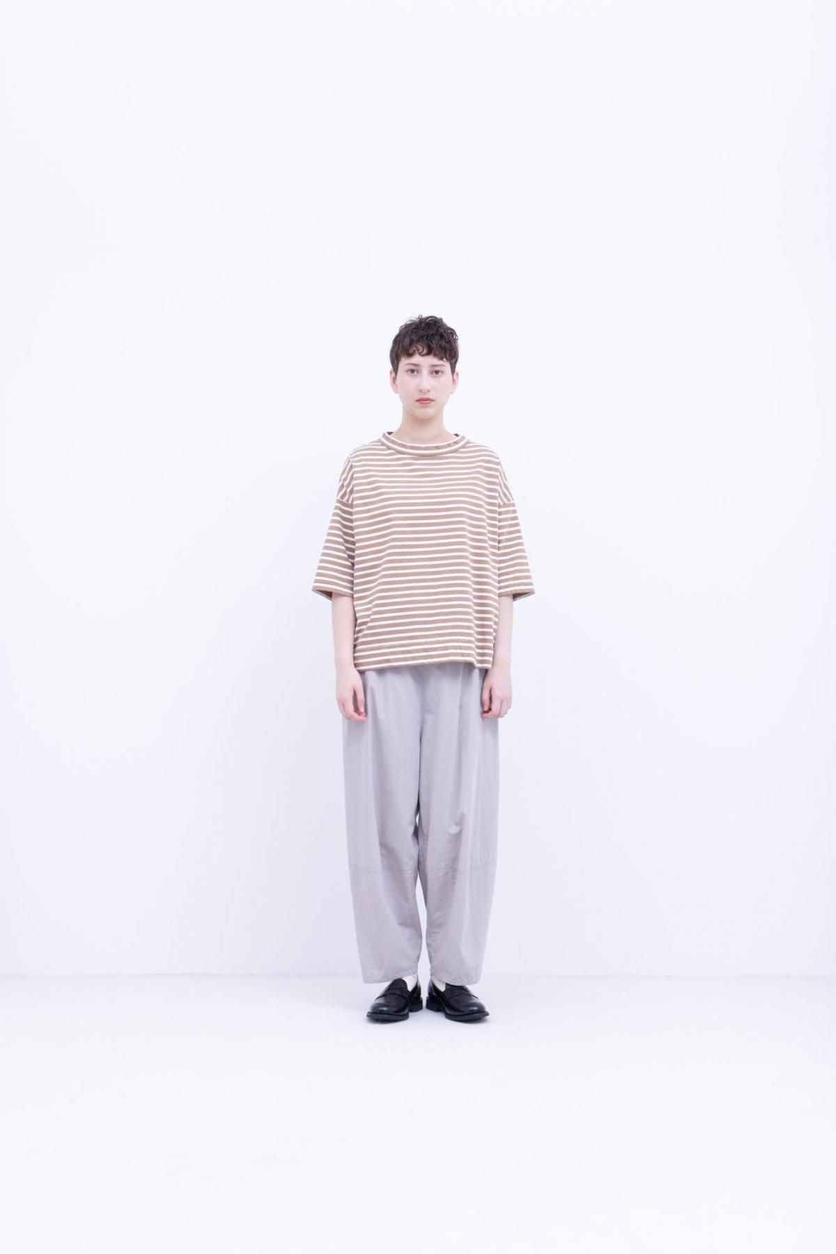 微強撚綿天竺　ボーダークルーネックT / Camel base × White border［size M］