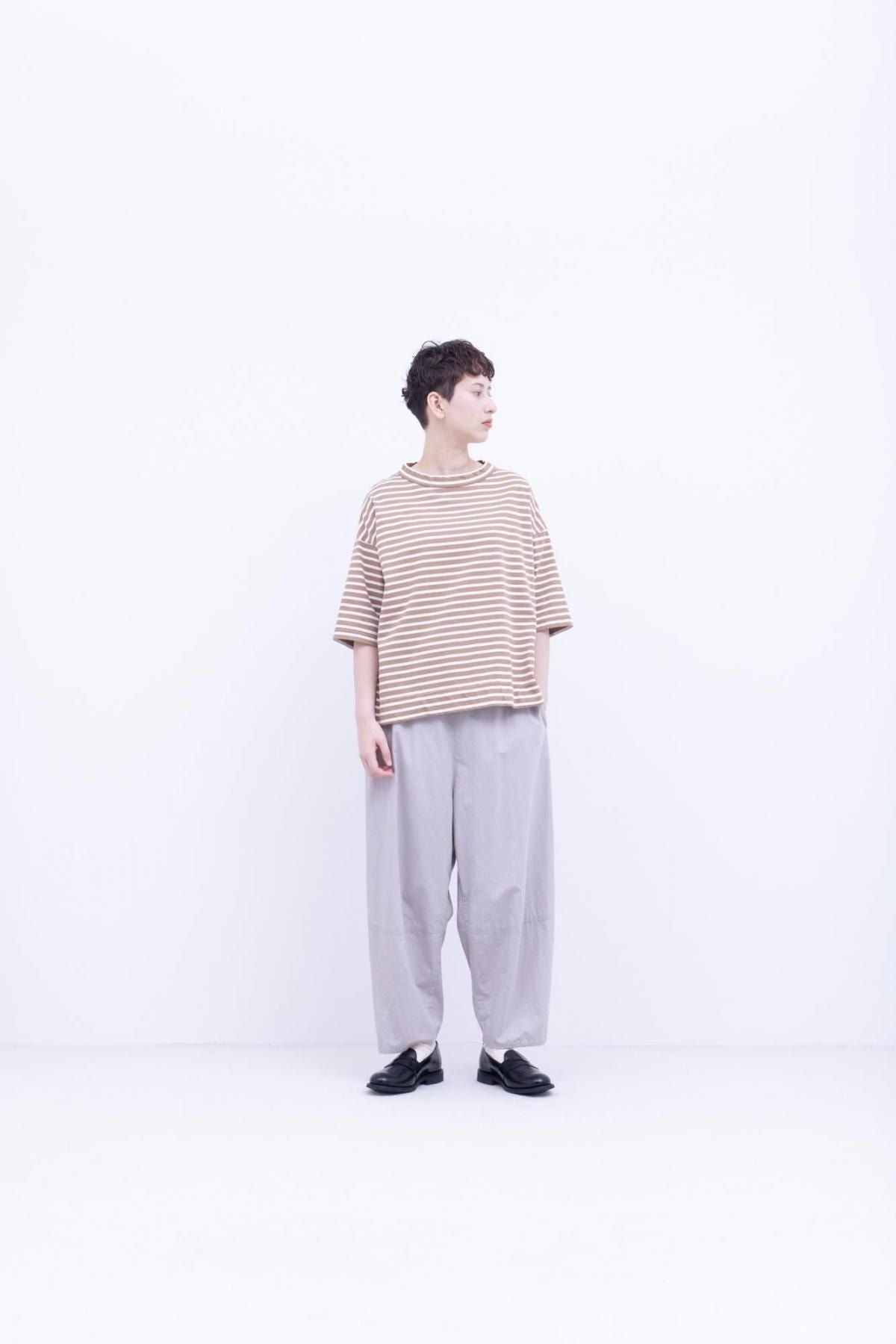 微強撚綿天竺　ボーダークルーネックT / Camel base × White border［size M］