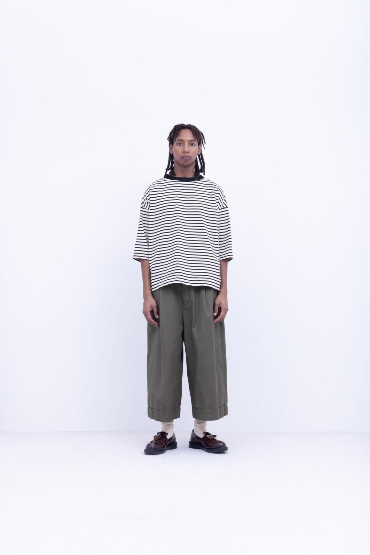 微強撚綿天竺　ボーダークルーネックT / Black base × White border［size M］
