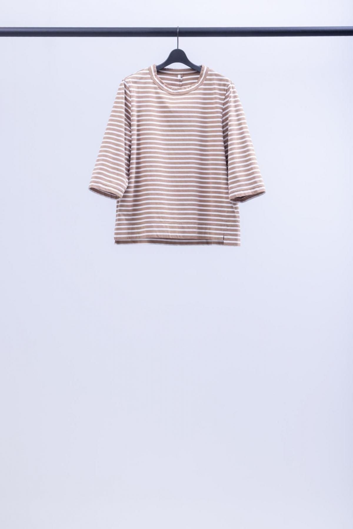 微強撚綿天竺　ボーダー コンパクトクルーネックT / Camel base × White border［size XS］