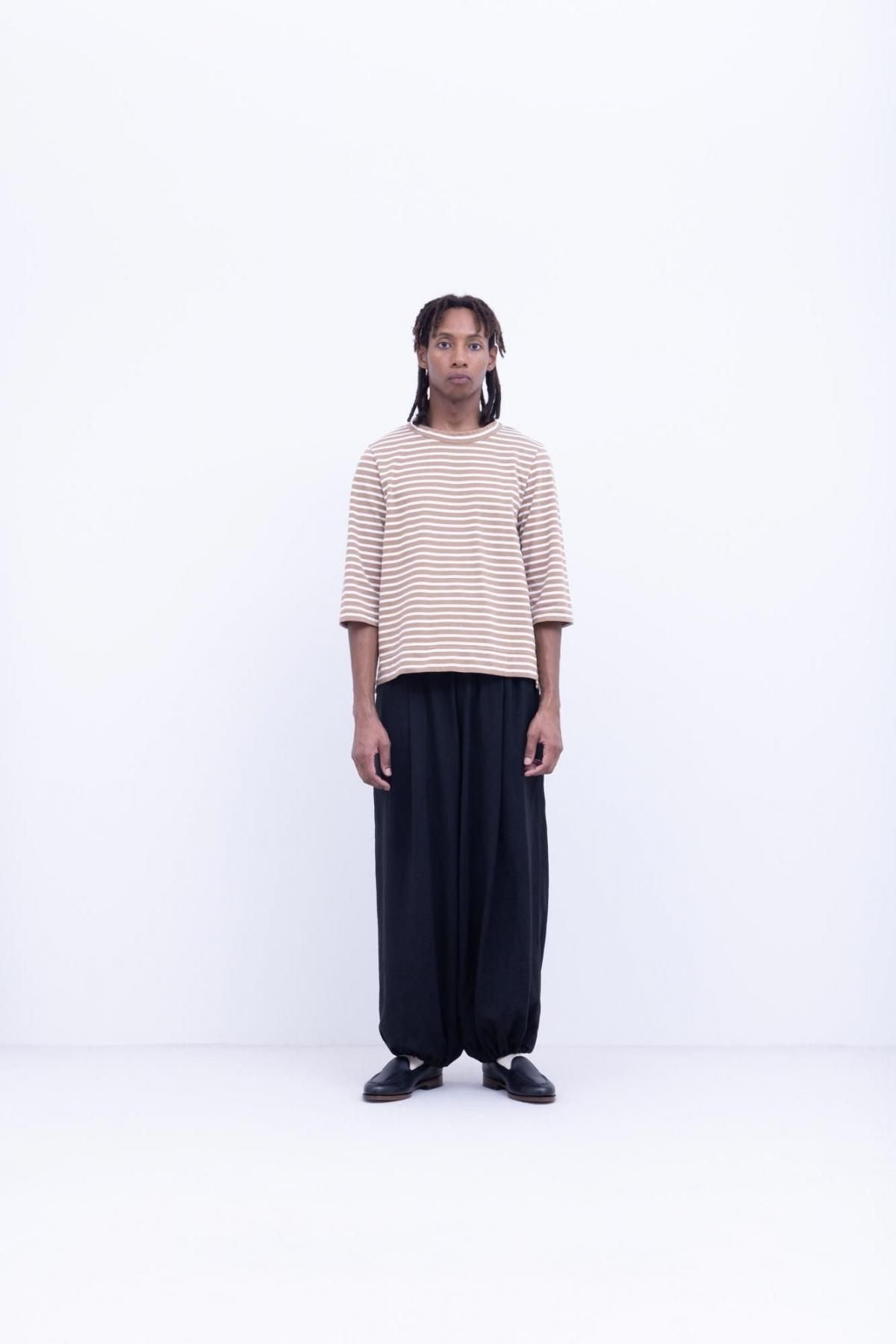微強撚綿天竺　ボーダー コンパクトクルーネックT / Camel base × White border［size XS］