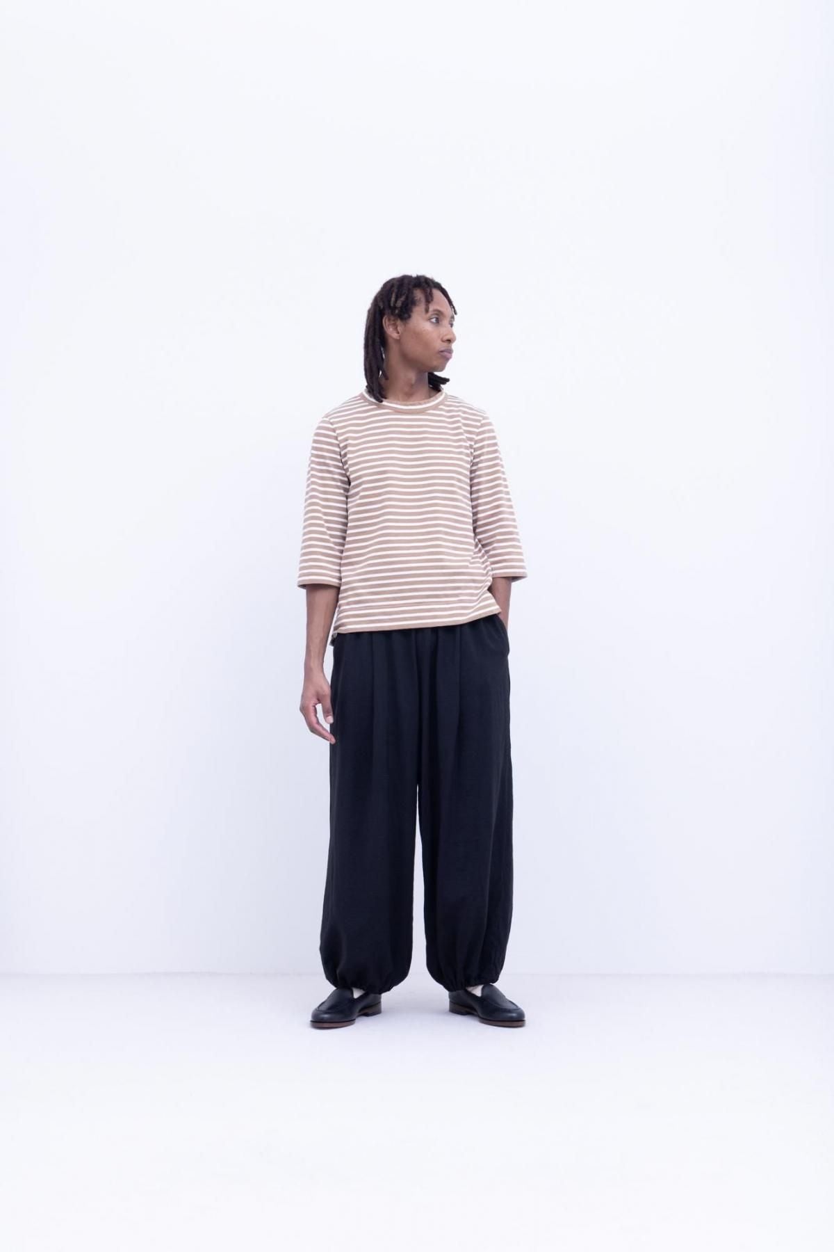 微強撚綿天竺　ボーダー コンパクトクルーネックT / Camel base × White border［size XS］