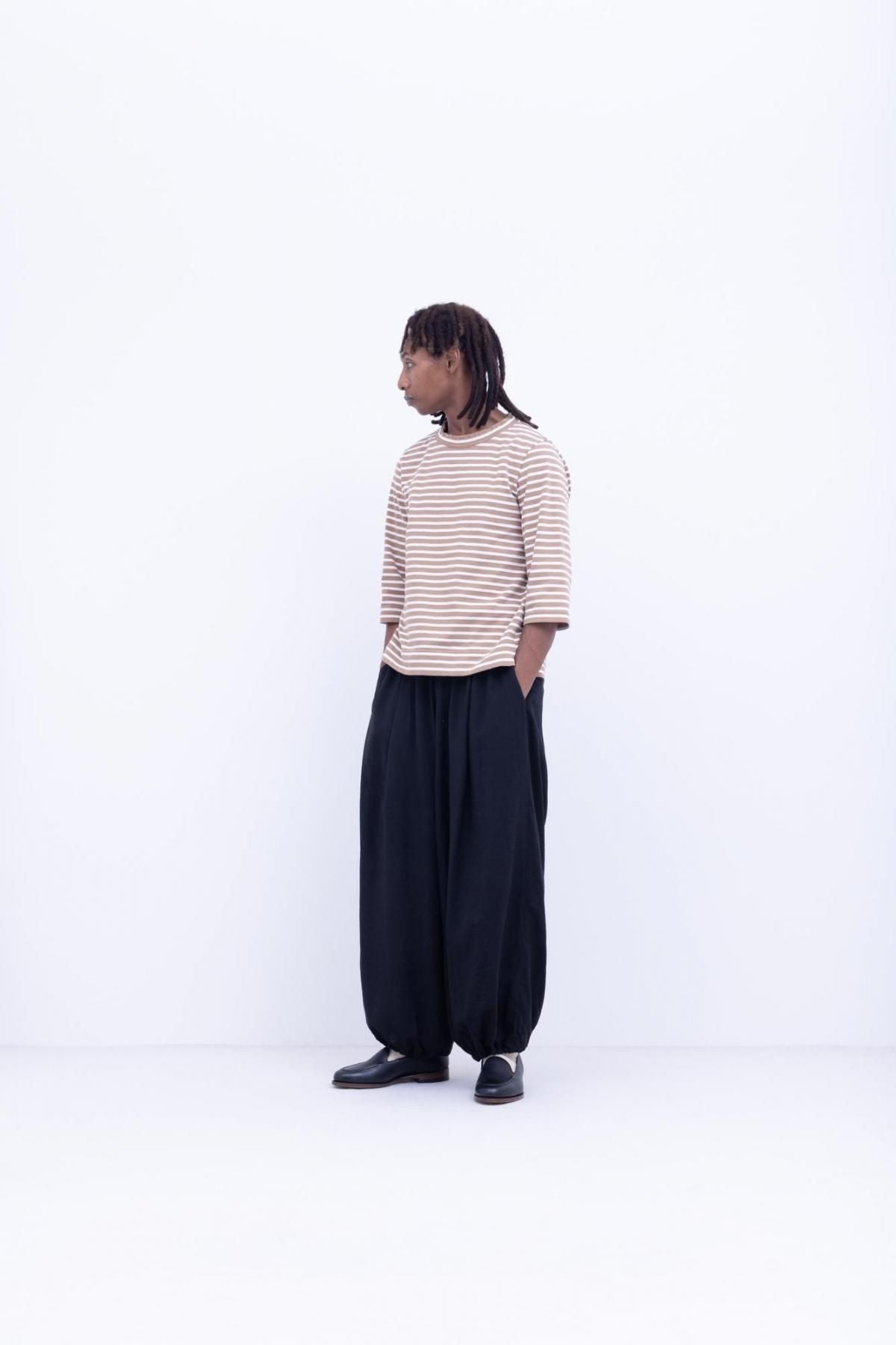 微強撚綿天竺　ボーダー コンパクトクルーネックT / Camel base × White border［size XS］