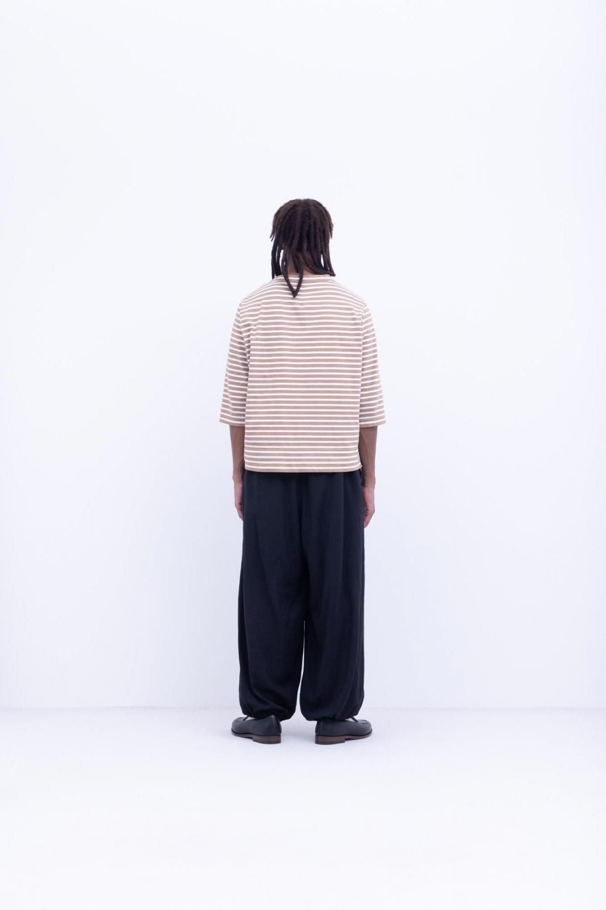 微強撚綿天竺　ボーダー コンパクトクルーネックT / Camel base × White border［size XS］