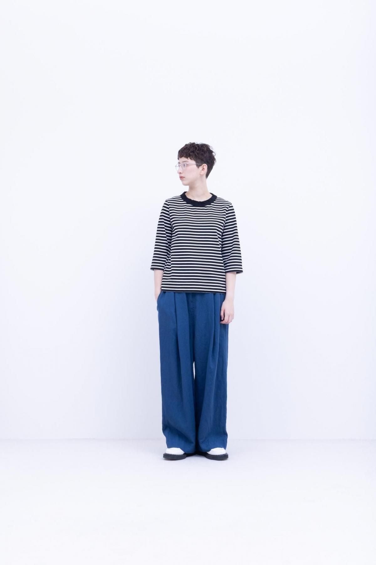 微強撚綿天竺　ボーダー コンパクトクルーネックT / Black base × White border［size XS］