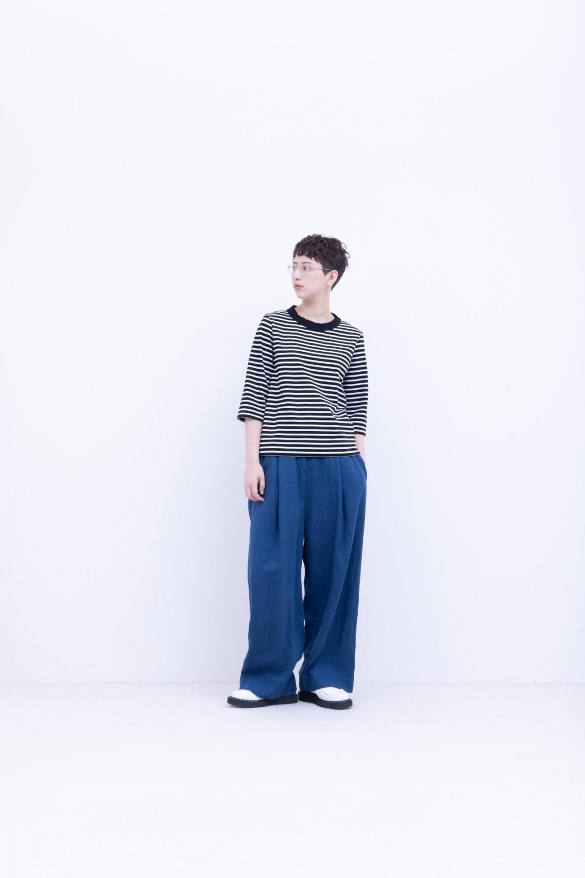 微強撚綿天竺　ボーダー コンパクトクルーネックT / Black base × White border［size XS］