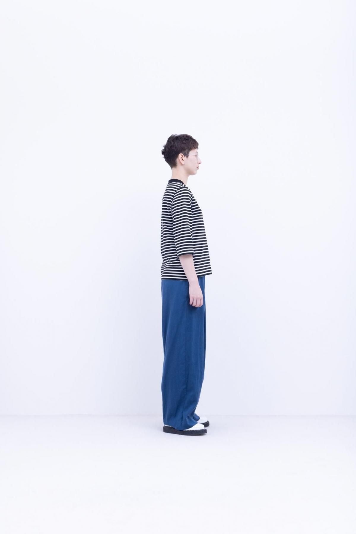 微強撚綿天竺　ボーダー コンパクトクルーネックT / Black base × White border［size XS］