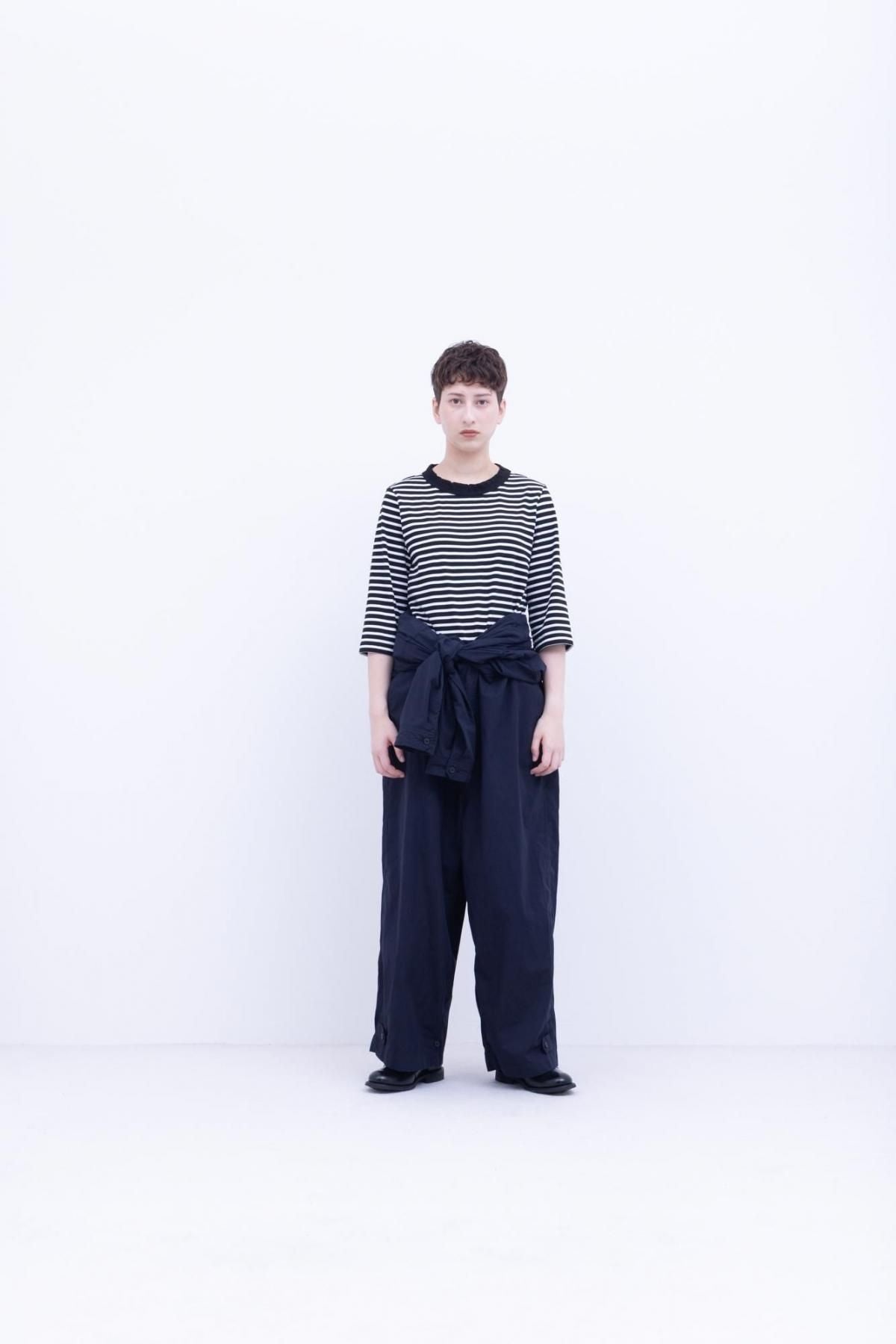 微強撚綿天竺　ボーダー コンパクトクルーネックT / Black base × White border［size M］