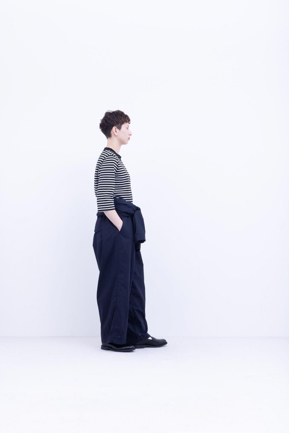 微強撚綿天竺　ボーダー コンパクトクルーネックT / Black base × White border［size M］