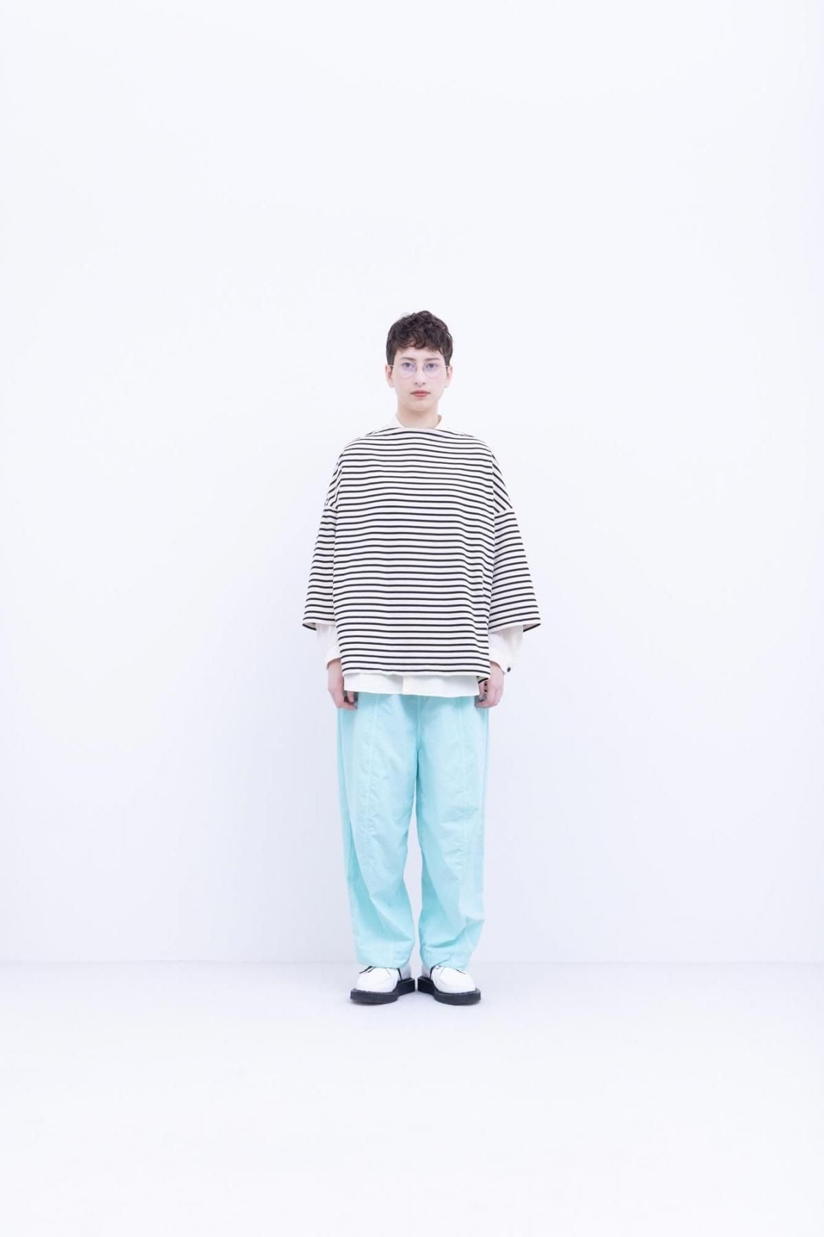 微強撚綿天竺　ボーダーボートネックT / Natural base × Black border［size M］
