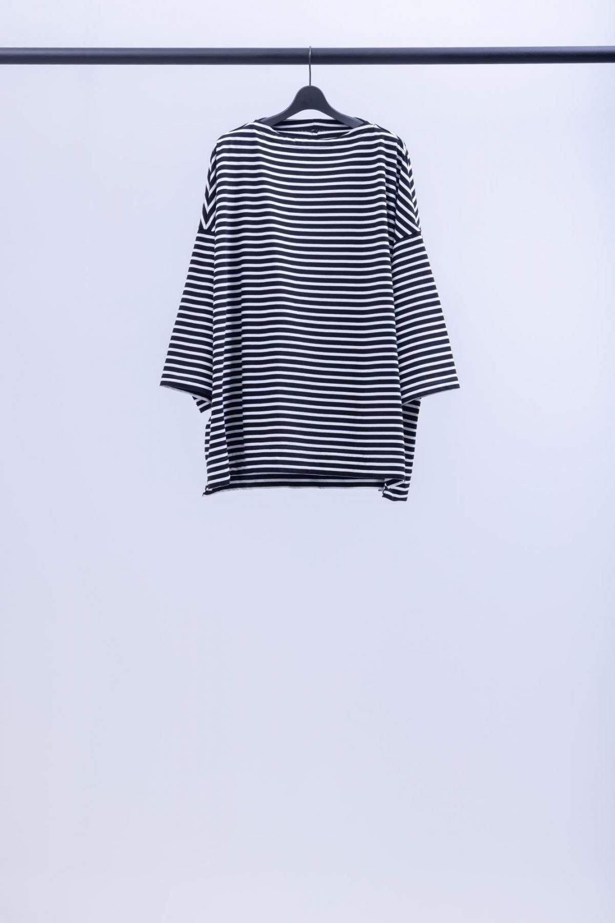 微強撚綿天竺　ボーダーボートネックT / Black base × White border［size XS］