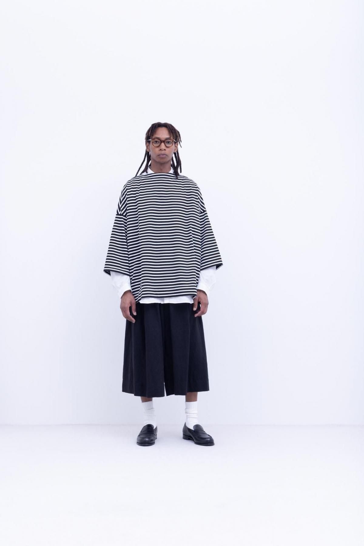 微強撚綿天竺　ボーダーボートネックT / Black base × White border［size XS］