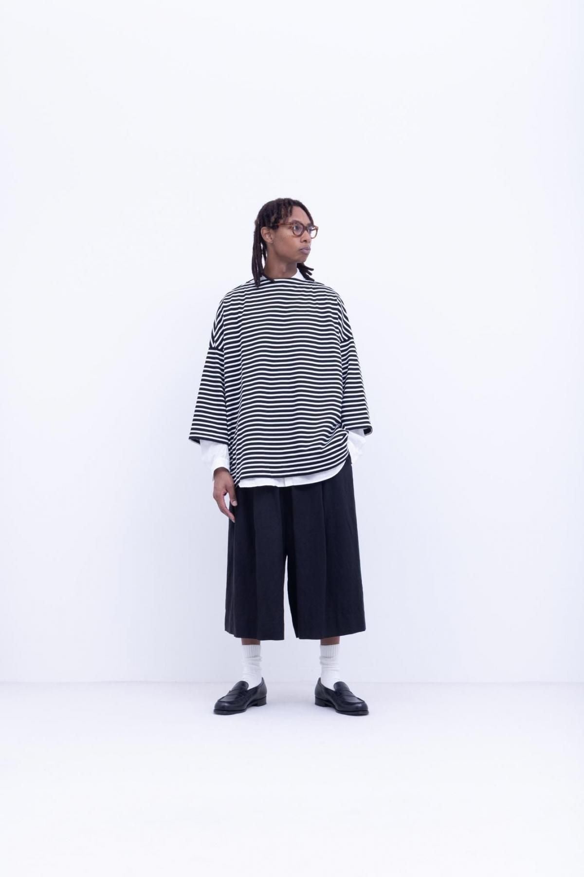 微強撚綿天竺　ボーダーボートネックT / Black base × White border［size XS］