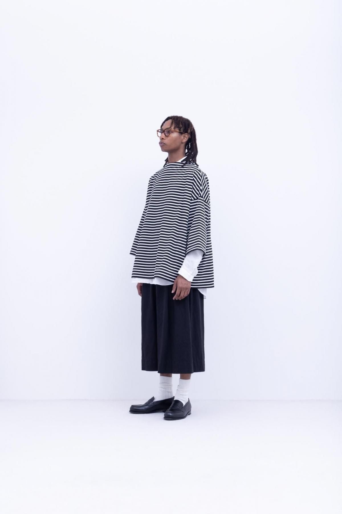 微強撚綿天竺　ボーダーボートネックT / Black base × White border［size XS］