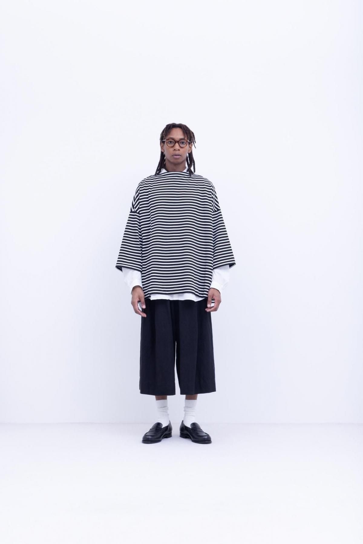 微強撚綿天竺　ボーダーボートネックT / Black base × White border［size M］