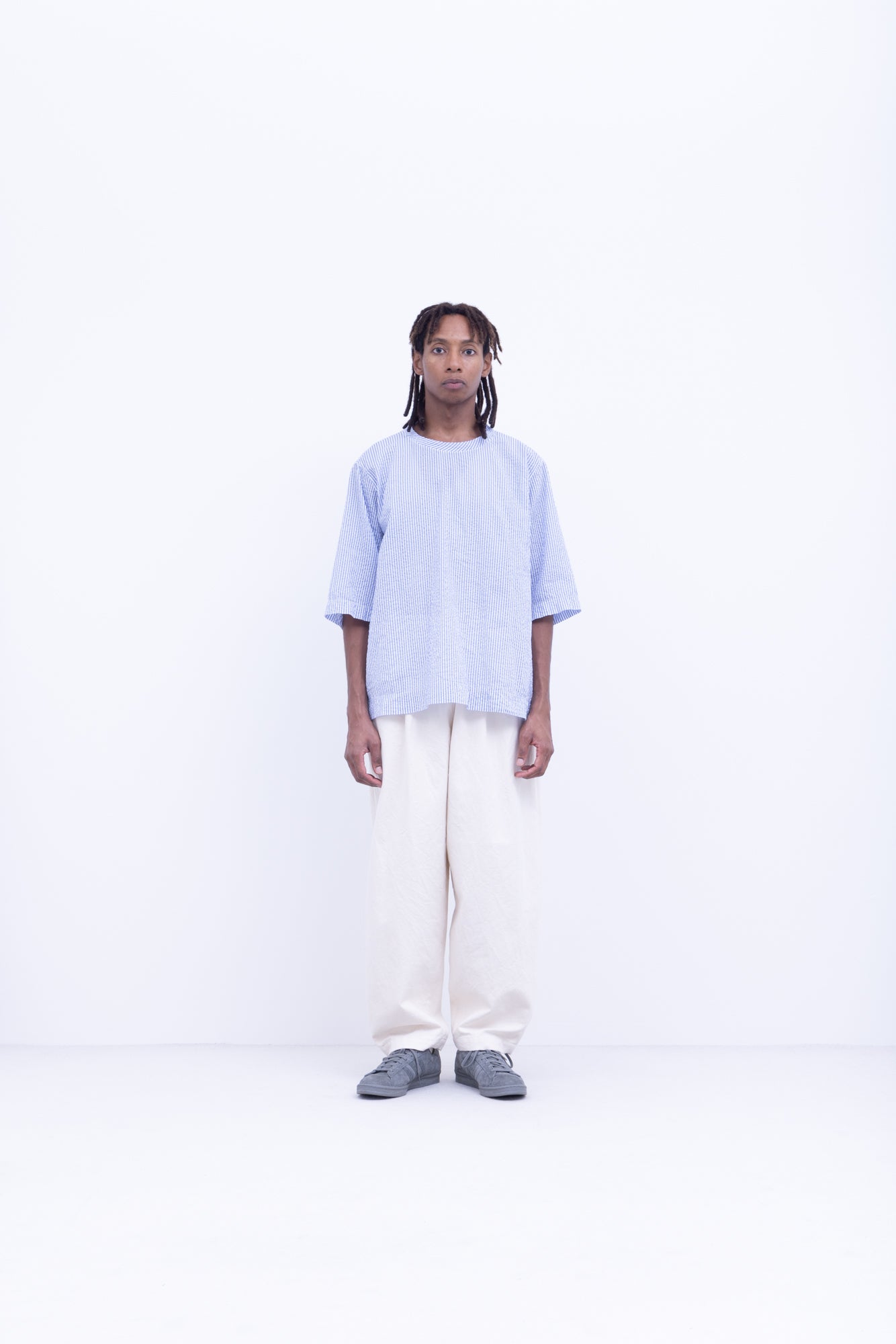 スターチコットン・ストライプローン クルーネックプルオーバー / Light Blue × White［size M_］